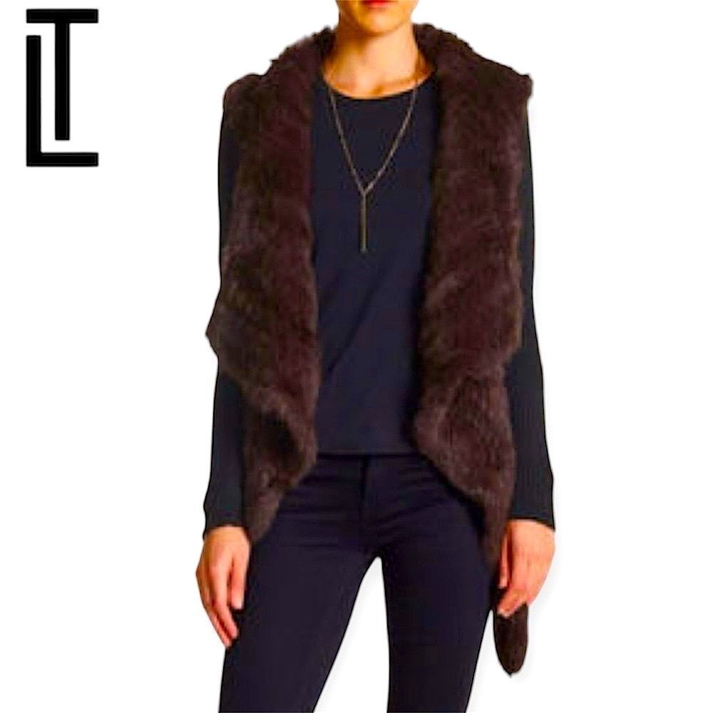 Love Token Knit Rabbit Fur Jacket Cardigan Ribbed Sleeve Open Front Asymmetrical